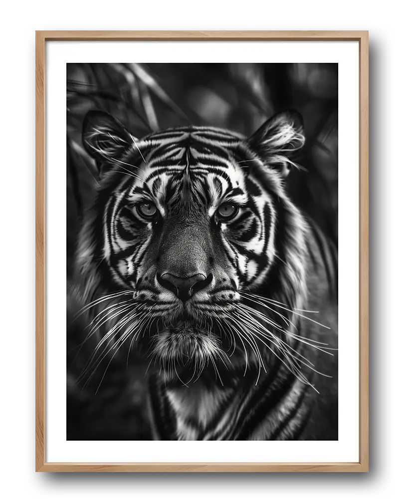 A powerful black and white illustration of a tiger's intense gaze. Perfect wall art for adding a bold, majestic feel to any space, ideal for animal lovers or those seeking a strong focal point in their decor