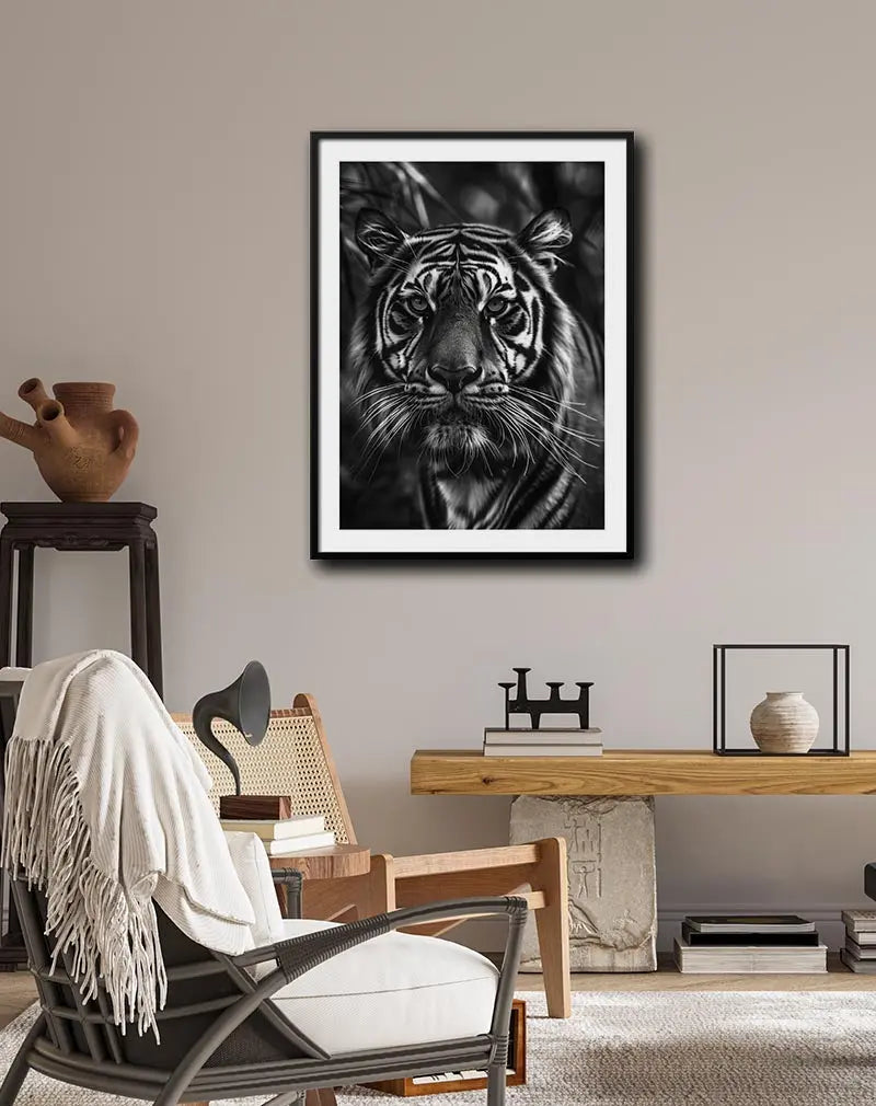 A powerful black and white illustration of a tiger's intense gaze. Perfect wall art for adding a bold, majestic feel to any space, ideal for animal lovers or those seeking a strong focal point in their decor