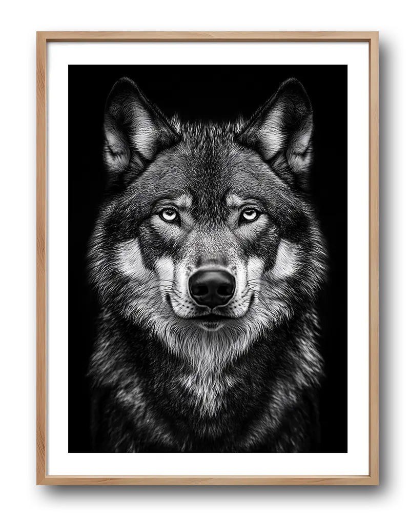 A striking black and white portrait of a wolf, featuring its piercing gaze and detailed fur texture.