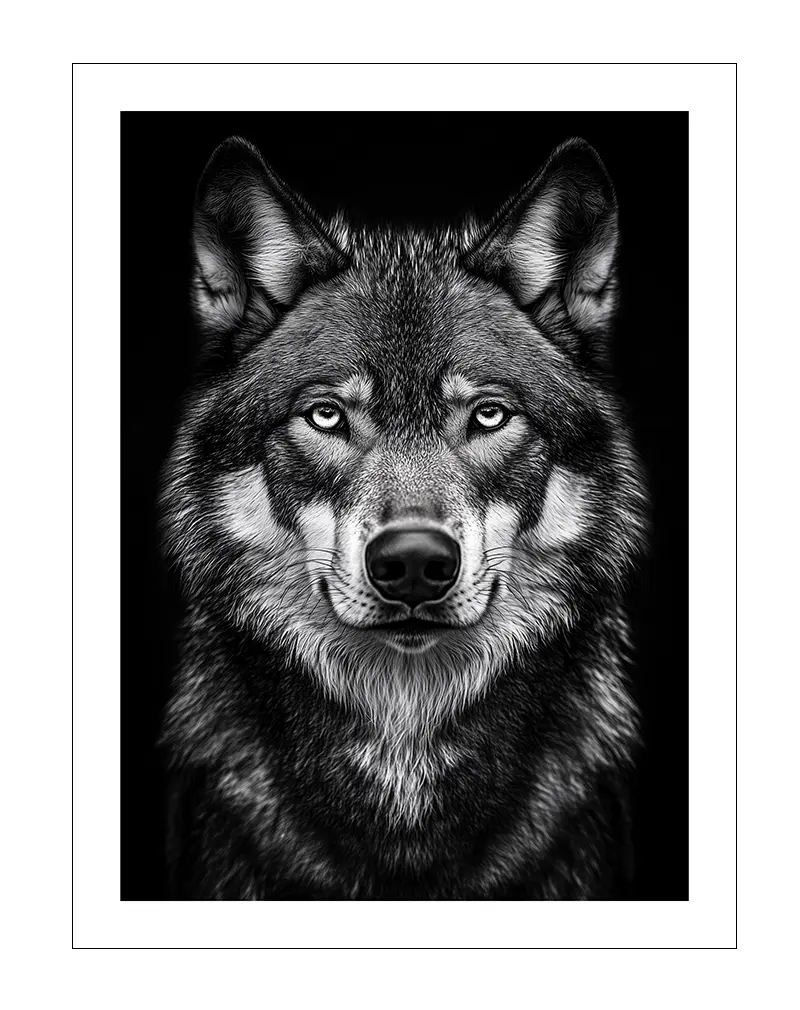 A striking black and white portrait of a wolf, featuring its piercing gaze and detailed fur texture.