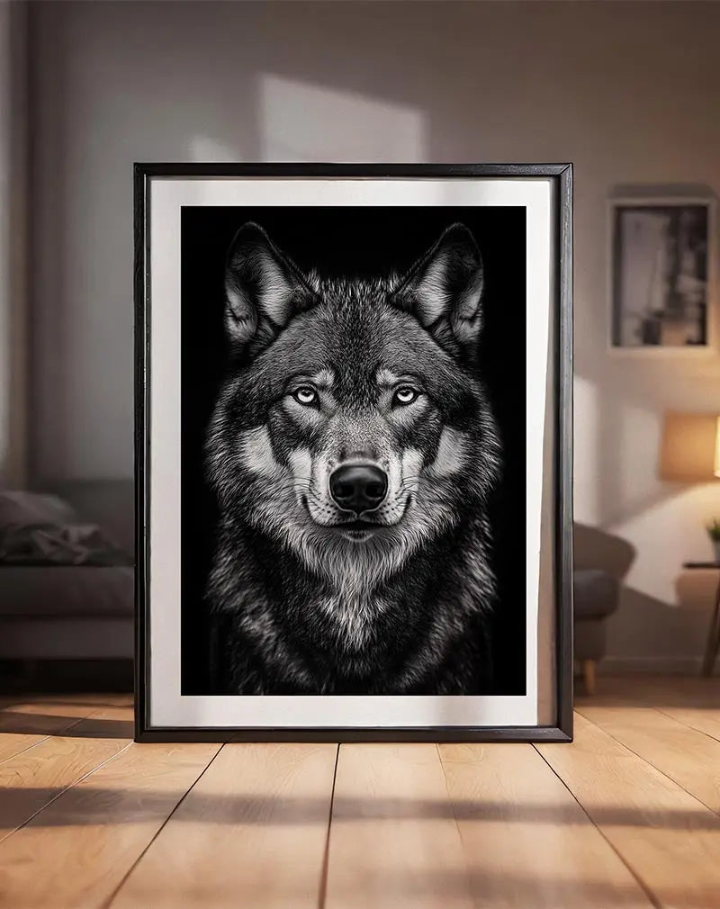 A striking black and white portrait of a wolf, featuring its piercing gaze and detailed fur texture.