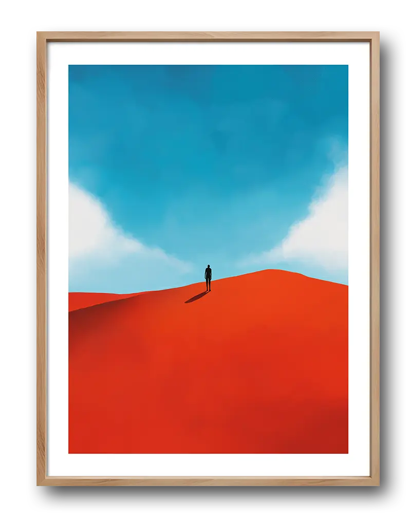 A minimalist illustration of a lone figure standing on a red sand dune under a vast blue sky. The bold color contrast between the vibrant red and serene blue creates a striking visual effect. Perfect wall art for evoking a sense of solitude and wonder in contemporary or minimalist spaces.