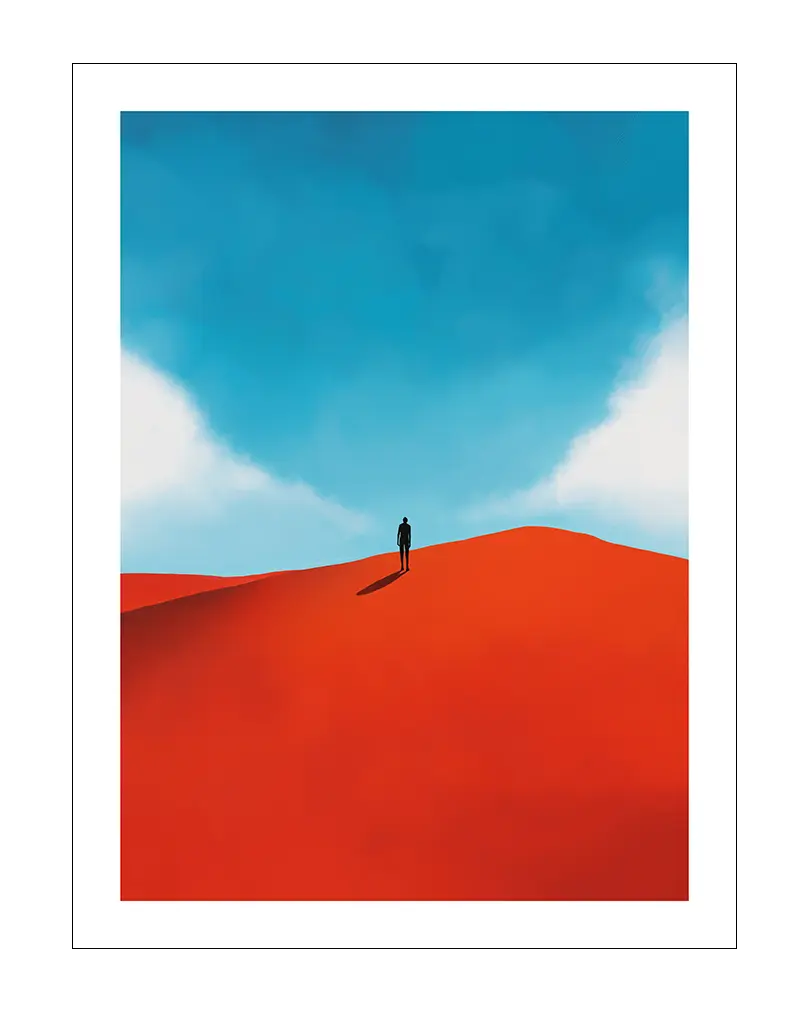 A minimalist illustration of a lone figure standing on a red sand dune under a vast blue sky. The bold color contrast between the vibrant red and serene blue creates a striking visual effect. Perfect wall art for evoking a sense of solitude and wonder in contemporary or minimalist spaces.