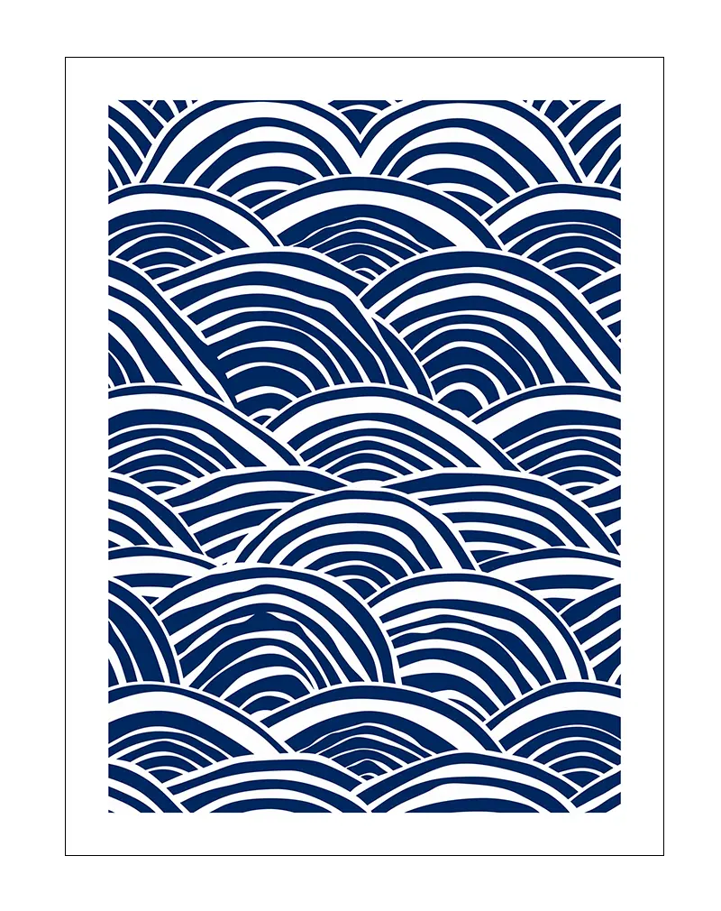 An abstract illustration of blue and white waves in a modern, flowing pattern. Perfect wall art for bringing a calming, ocean-inspired vibe to your interior decor