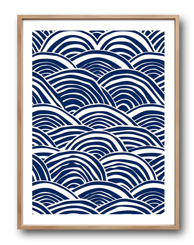 An abstract illustration of blue and white waves in a modern, flowing pattern. Perfect wall art for bringing a calming, ocean-inspired vibe to your interior decor