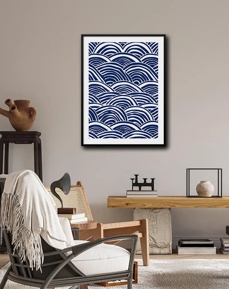 An abstract illustration of blue and white waves in a modern, flowing pattern. Perfect wall art for bringing a calming, ocean-inspired vibe to your interior decor