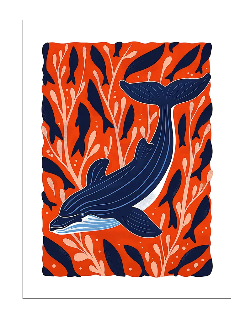 A vibrant whale illustration swimming in a sea of red and navy, surrounded by abstract seaweed and fish. Perfect wall art for adding a bold, marine-inspired touch to any room