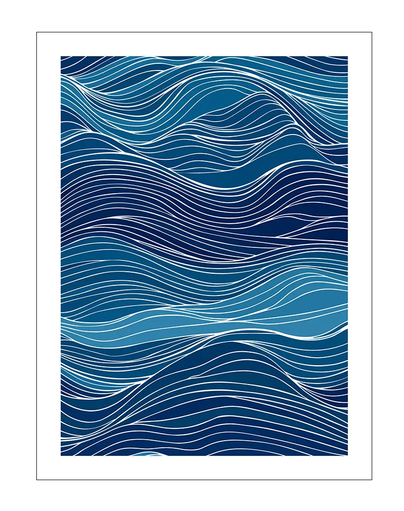 An abstract waves illustration in shades of blue with flowing white lines. Perfect wall art for a calming oceanic vibe in any space