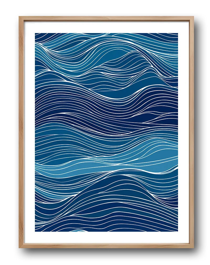 An abstract waves illustration in shades of blue with flowing white lines. Perfect wall art for a calming oceanic vibe in any space