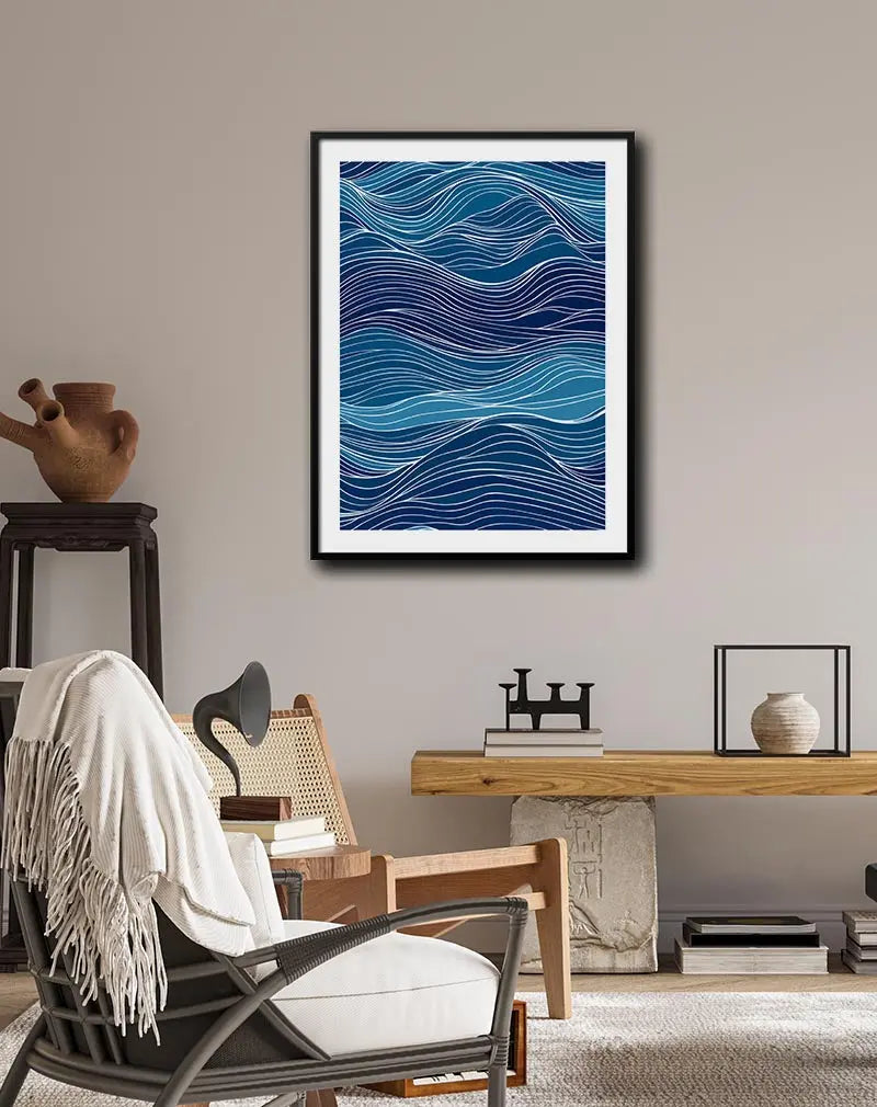 An abstract waves illustration in shades of blue with flowing white lines. Perfect wall art for a calming oceanic vibe in any space