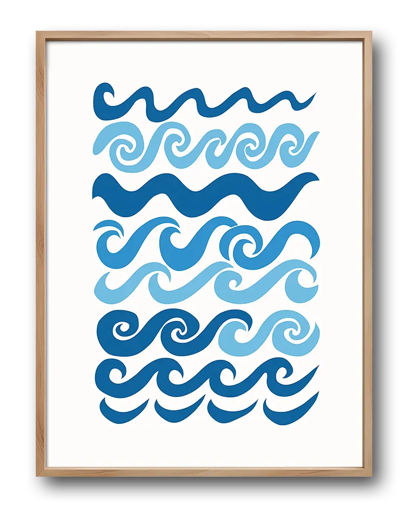 A blue waves pattern illustration with various wave designs in different shades of blue. Perfect wall art for adding a coastal touch to any space