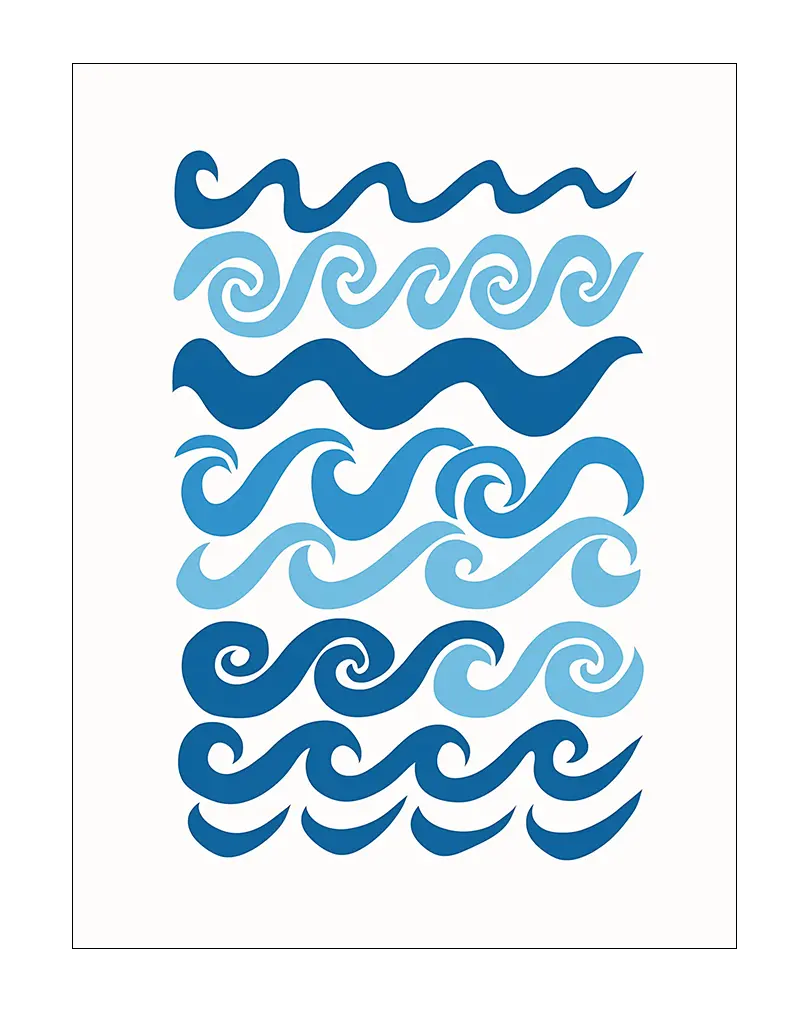 A blue waves pattern illustration with various wave designs in different shades of blue. Perfect wall art for adding a coastal touch to any space