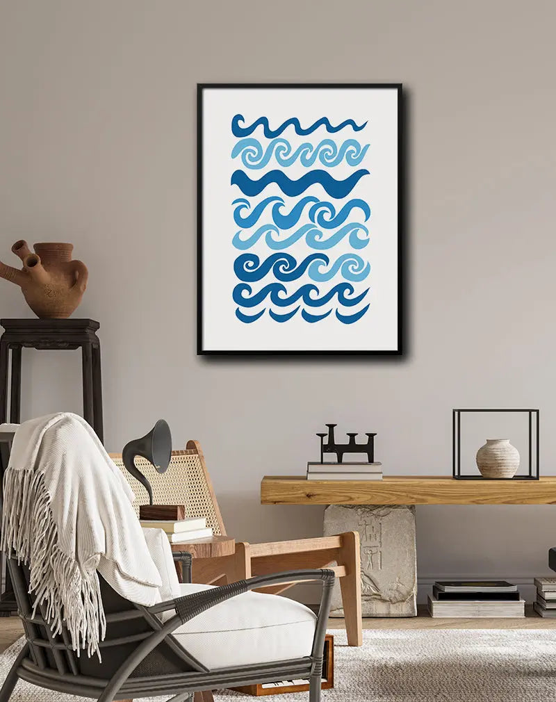 A blue waves pattern illustration with various wave designs in different shades of blue. Perfect wall art for adding a coastal touch to any space