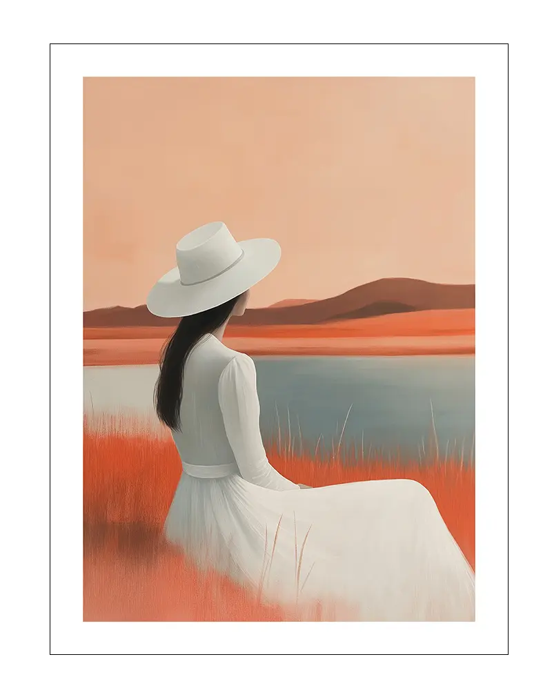 A serene illustration of a woman in a white dress and hat sitting by a calm lakeside with soft orange and brown hues. Perfect wall art for creating a peaceful, reflective atmosphere in any space