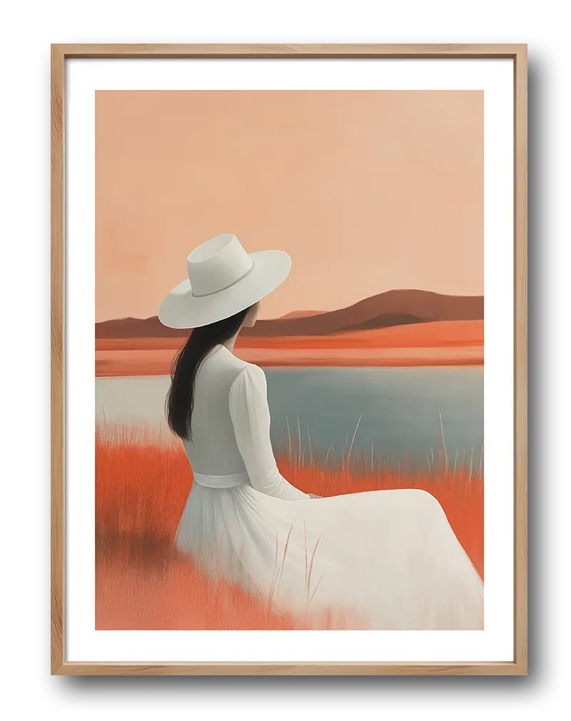 A serene illustration of a woman in a white dress and hat sitting by a calm lakeside with soft orange and brown hues. Perfect wall art for creating a peaceful, reflective atmosphere in any space