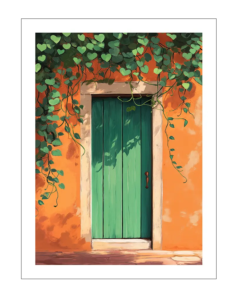 A charming green door surrounded by lush vines on an orange wall. Perfect wall art for adding a touch of rustic charm and warmth to any room, evoking a Mediterranean feel.