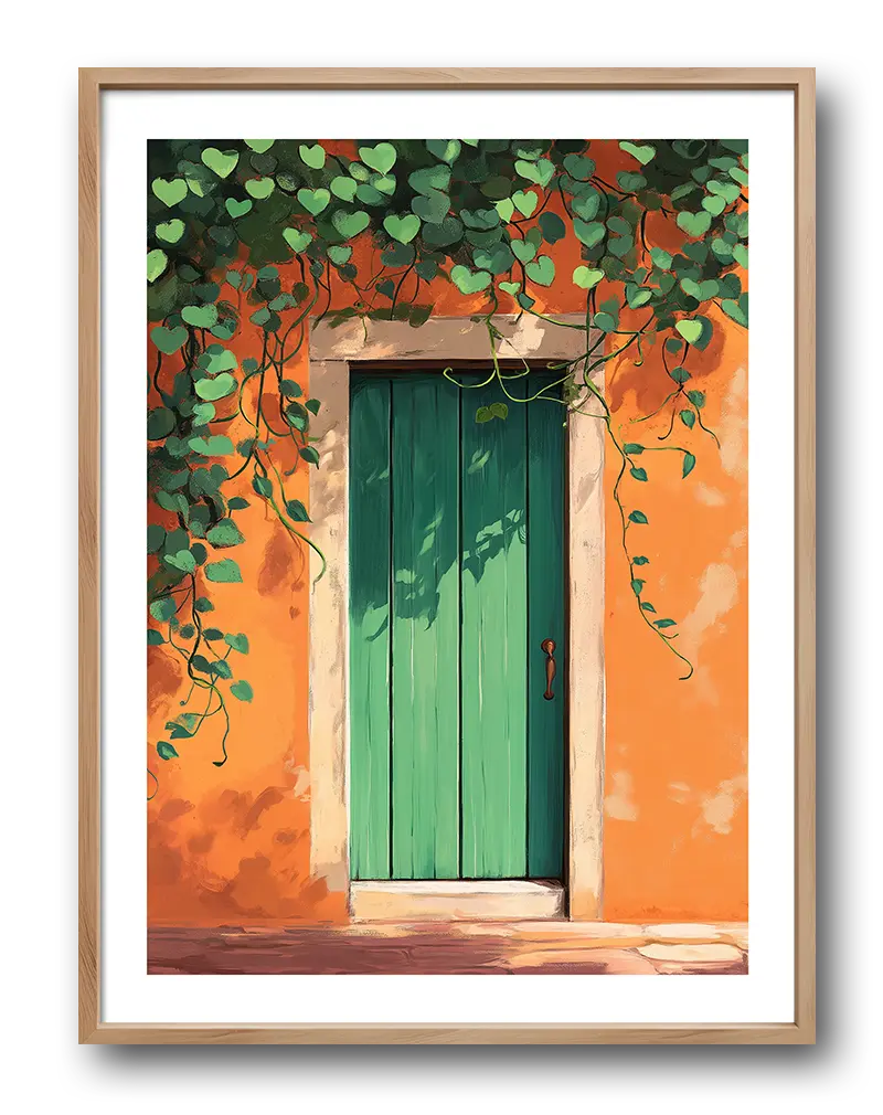 A charming green door surrounded by lush vines on an orange wall. Perfect wall art for adding a touch of rustic charm and warmth to any room, evoking a Mediterranean feel.