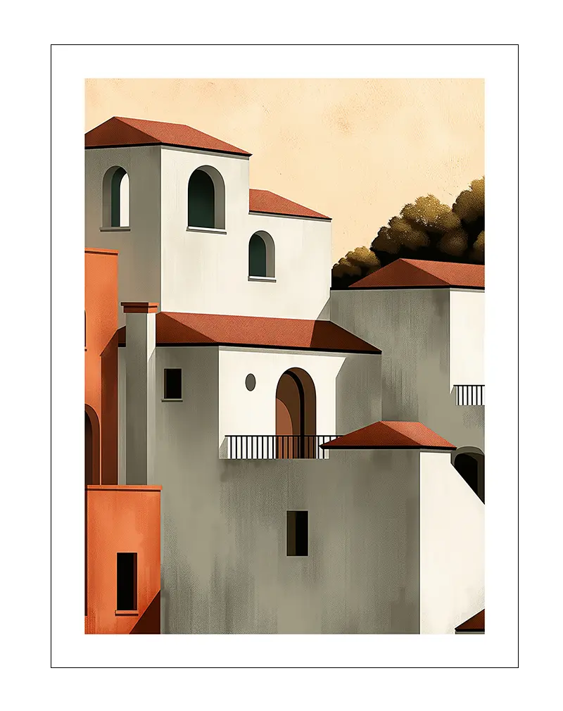 A charming illustration of Mediterranean-style buildings with terracotta roofs and arched windows. Perfect wall art for creating a warm, inviting atmosphere in your living space