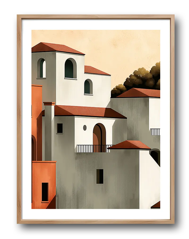 A charming illustration of Mediterranean-style buildings with terracotta roofs and arched windows. Perfect wall art for creating a warm, inviting atmosphere in your living space