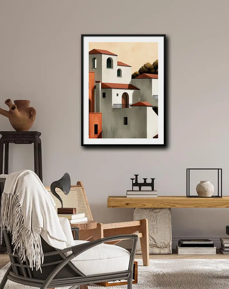 A charming illustration of Mediterranean-style buildings with terracotta roofs and arched windows. Perfect wall art for creating a warm, inviting atmosphere in your living space