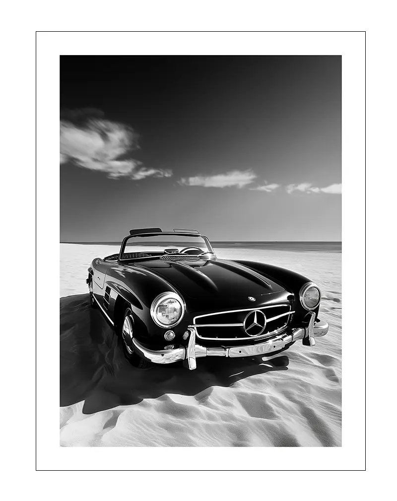 A striking black and white illustration of a classic Mercedes convertible on a sandy beach. Perfect wall art for adding a vintage, timeless touch to any space