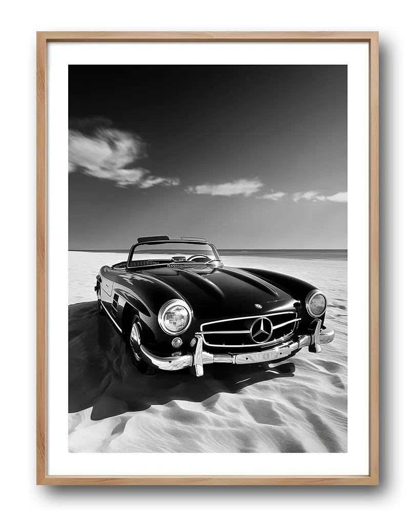 A striking black and white illustration of a classic Mercedes convertible on a sandy beach. Perfect wall art for adding a vintage, timeless touch to any space