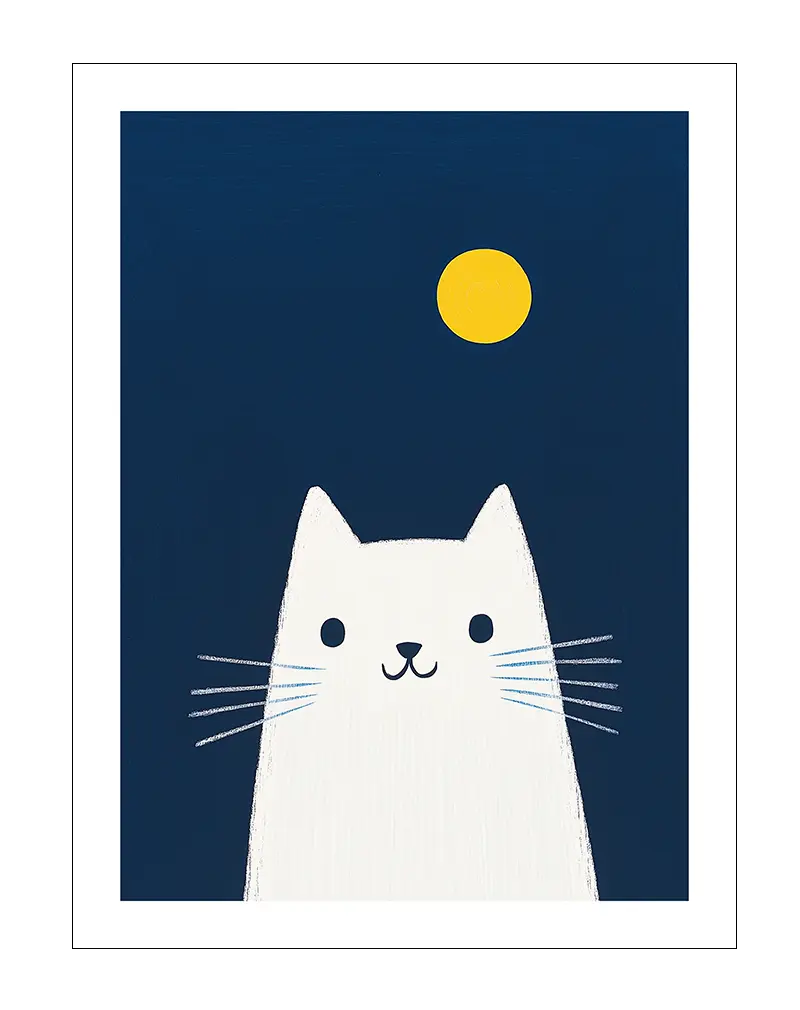 Minimalistic illustration of a white cat under a yellow moon against a deep blue background. Perfect wall art for a modern and playful touch.