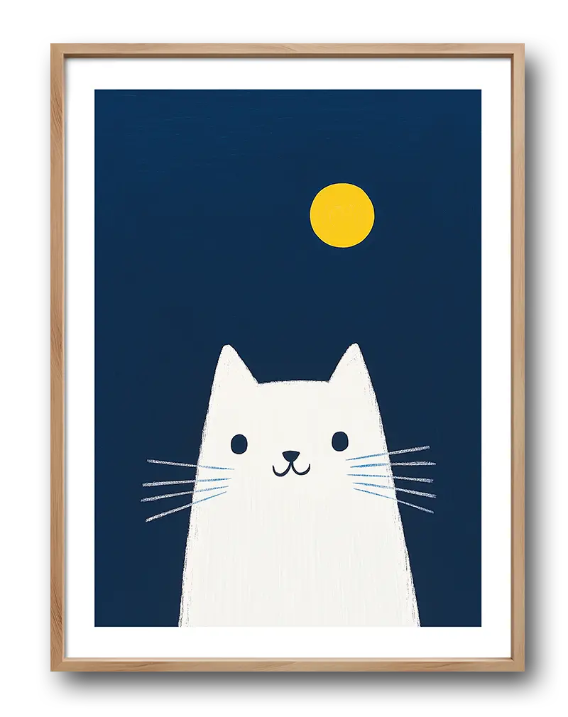 Minimalistic illustration of a white cat under a yellow moon against a deep blue background. Perfect wall art for a modern and playful touch.