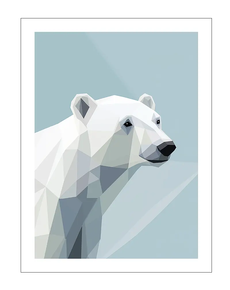 A geometric illustration of a polar bear against a cool blue background. Perfect wall art for adding a modern and minimalist touch to any room