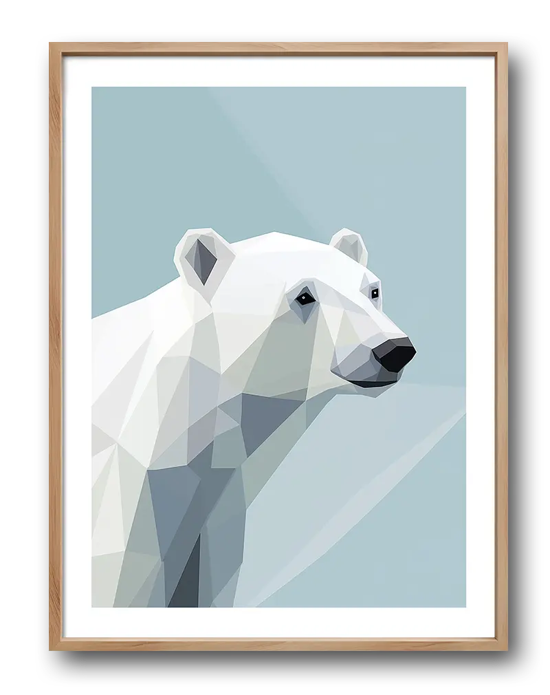 A geometric illustration of a polar bear against a cool blue background. Perfect wall art for adding a modern and minimalist touch to any room