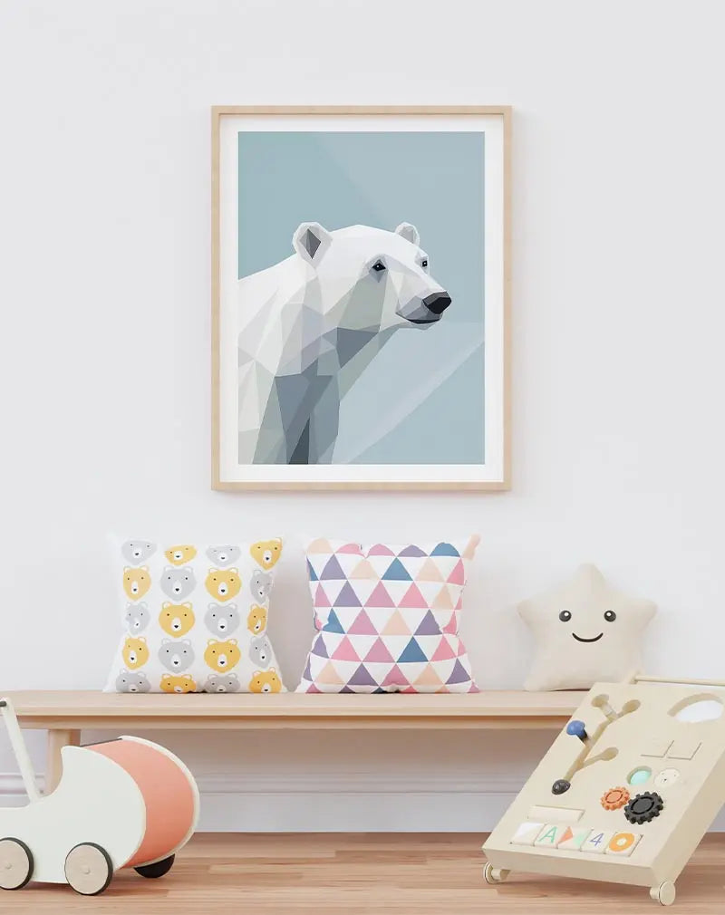 A geometric illustration of a polar bear against a cool blue background. Perfect wall art for adding a modern and minimalist touch to any room