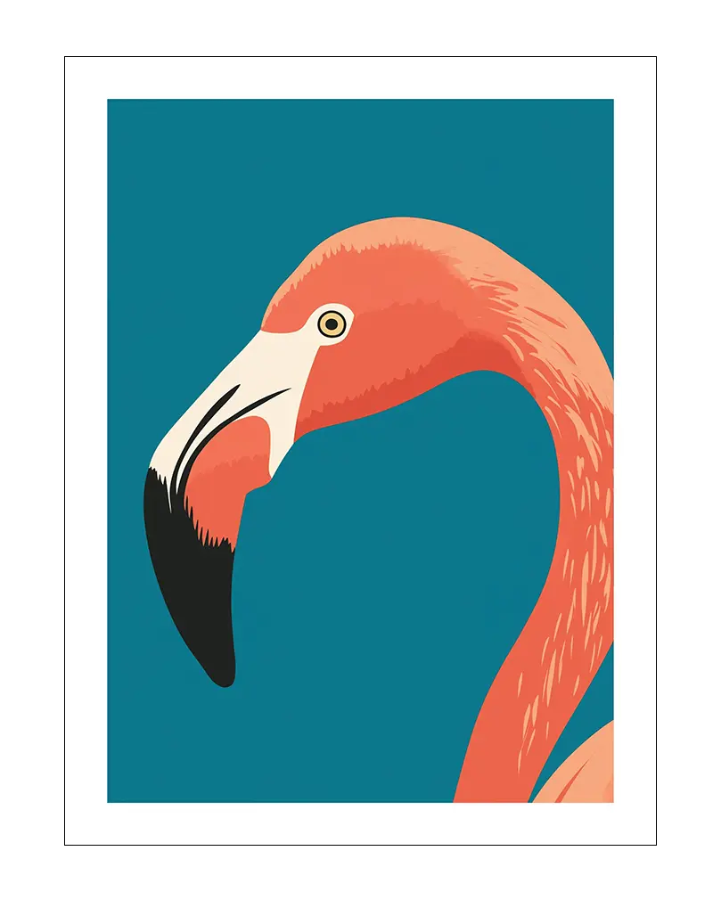 A close-up illustration of a flamingo with a vibrant coral color against a teal background. Perfect wall art for a tropical or bold statement in any space