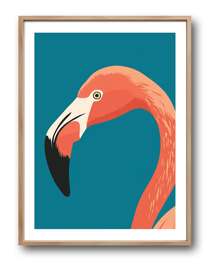 A close-up illustration of a flamingo with a vibrant coral color against a teal background. Perfect wall art for a tropical or bold statement in any space