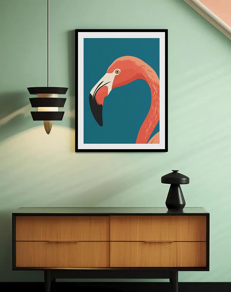 A close-up illustration of a flamingo with a vibrant coral color against a teal background. Perfect wall art for a tropical or bold statement in any space