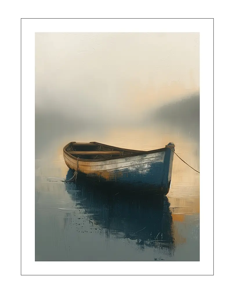 A serene illustration of a wooden boat floating on a misty lake with soft light reflections. Perfect wall art for a calm and peaceful ambiance in any room