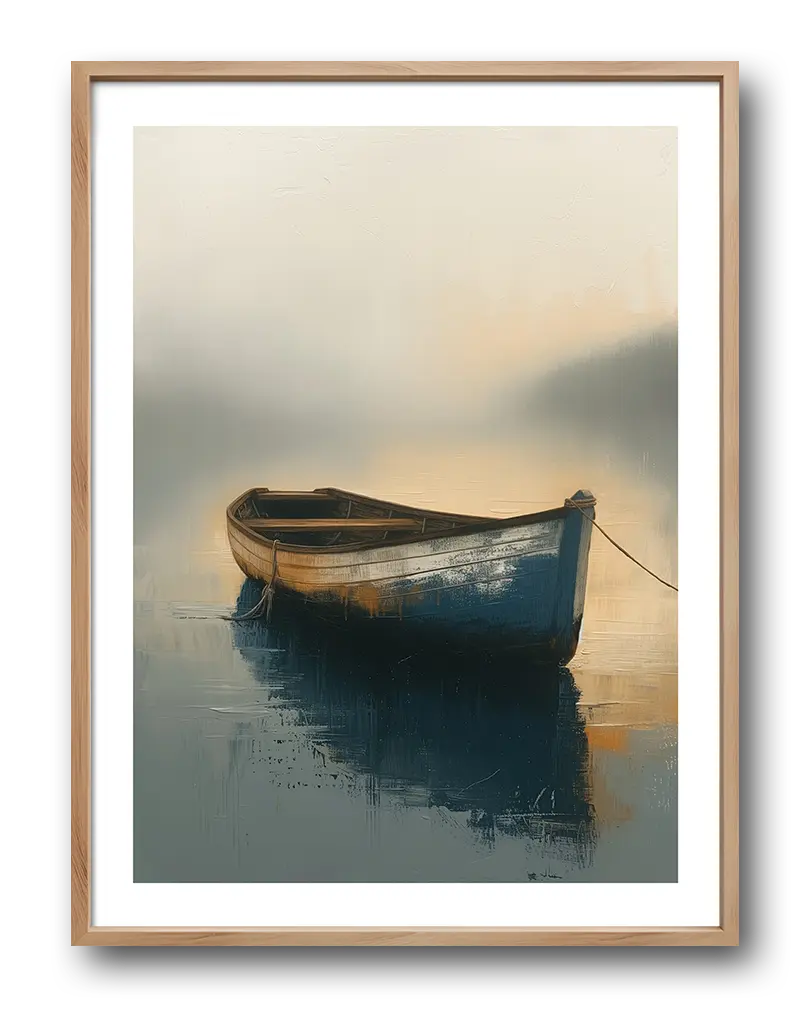 A serene illustration of a wooden boat floating on a misty lake with soft light reflections. Perfect wall art for a calm and peaceful ambiance in any room