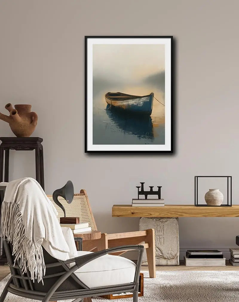 A serene illustration of a wooden boat floating on a misty lake with soft light reflections. Perfect wall art for a calm and peaceful ambiance in any room