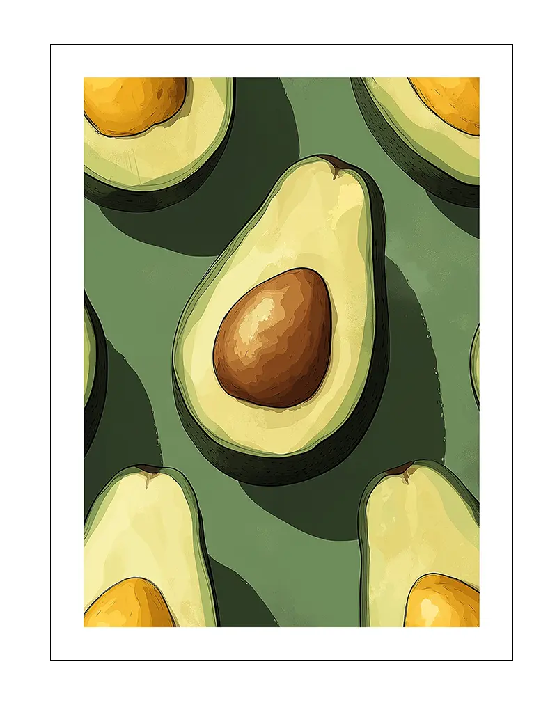 A stylish illustration of halved avocados with a green background, showcasing the textures and natural tones of the fruit.