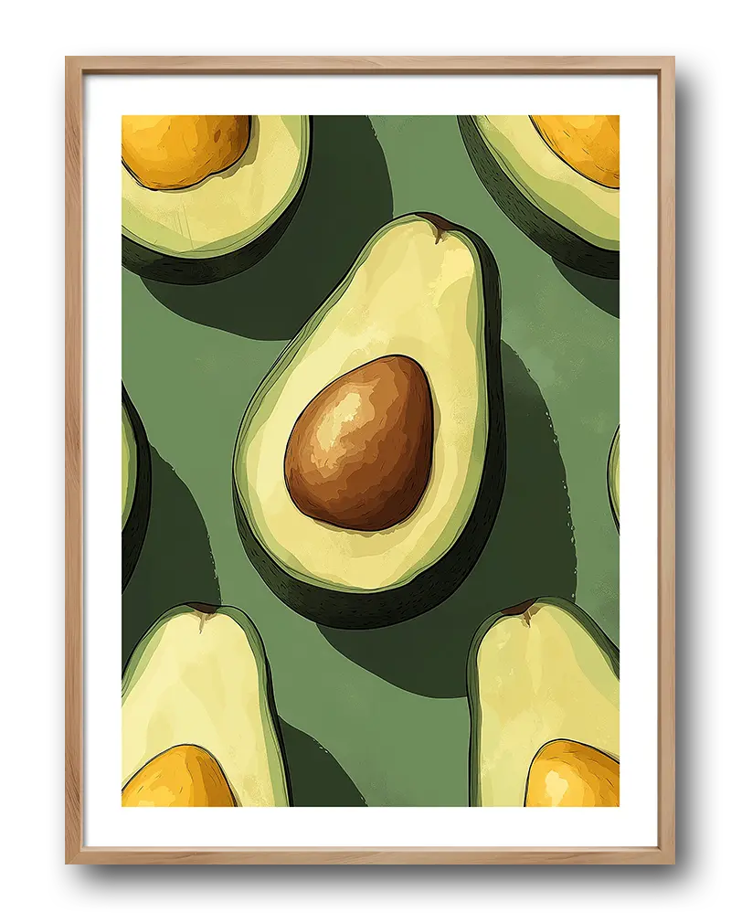 A stylish illustration of halved avocados with a green background, showcasing the textures and natural tones of the fruit.