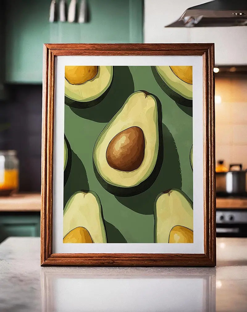 A stylish illustration of halved avocados with a green background, showcasing the textures and natural tones of the fruit.