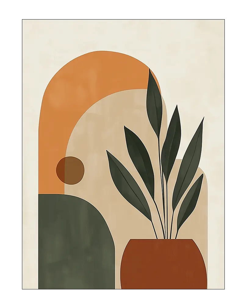 A geometric illustration featuring a potted plant with warm earthy tones and abstract shapes. Perfect wall art for modern home decor.