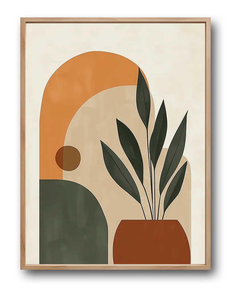 A geometric illustration featuring a potted plant with warm earthy tones and abstract shapes. Perfect wall art for modern home decor.