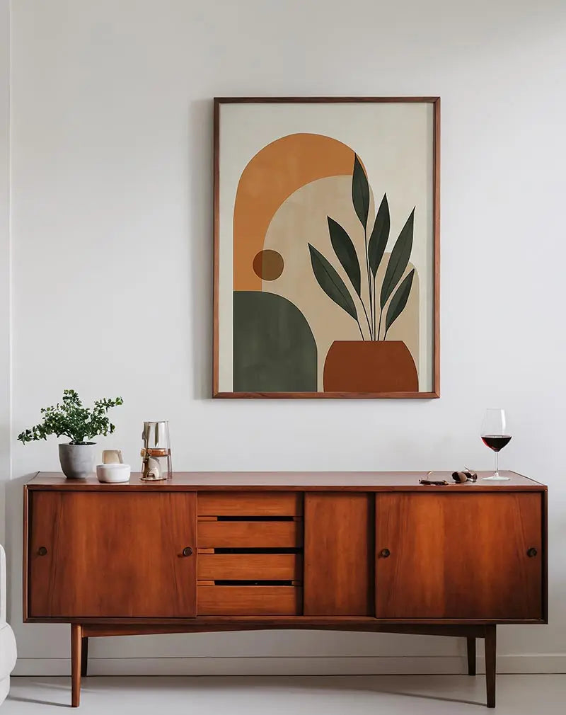 A geometric illustration featuring a potted plant with warm earthy tones and abstract shapes. Perfect wall art for modern home decor.