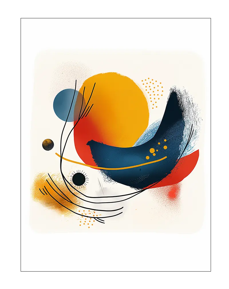 A vibrant abstract illustration featuring bold geometric shapes in navy, orange, and red tones. Perfect wall art for adding a modern and dynamic touch to your living space