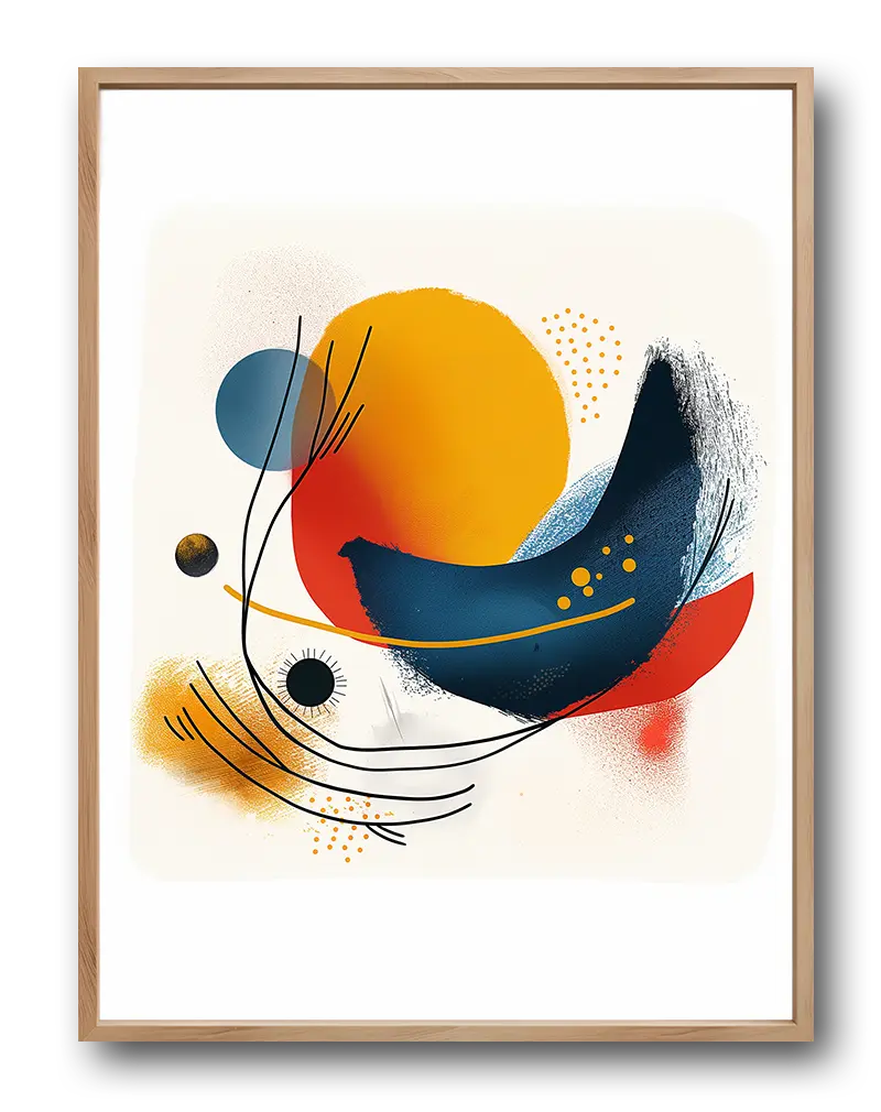 A vibrant abstract illustration featuring bold geometric shapes in navy, orange, and red tones. Perfect wall art for adding a modern and dynamic touch to your living space