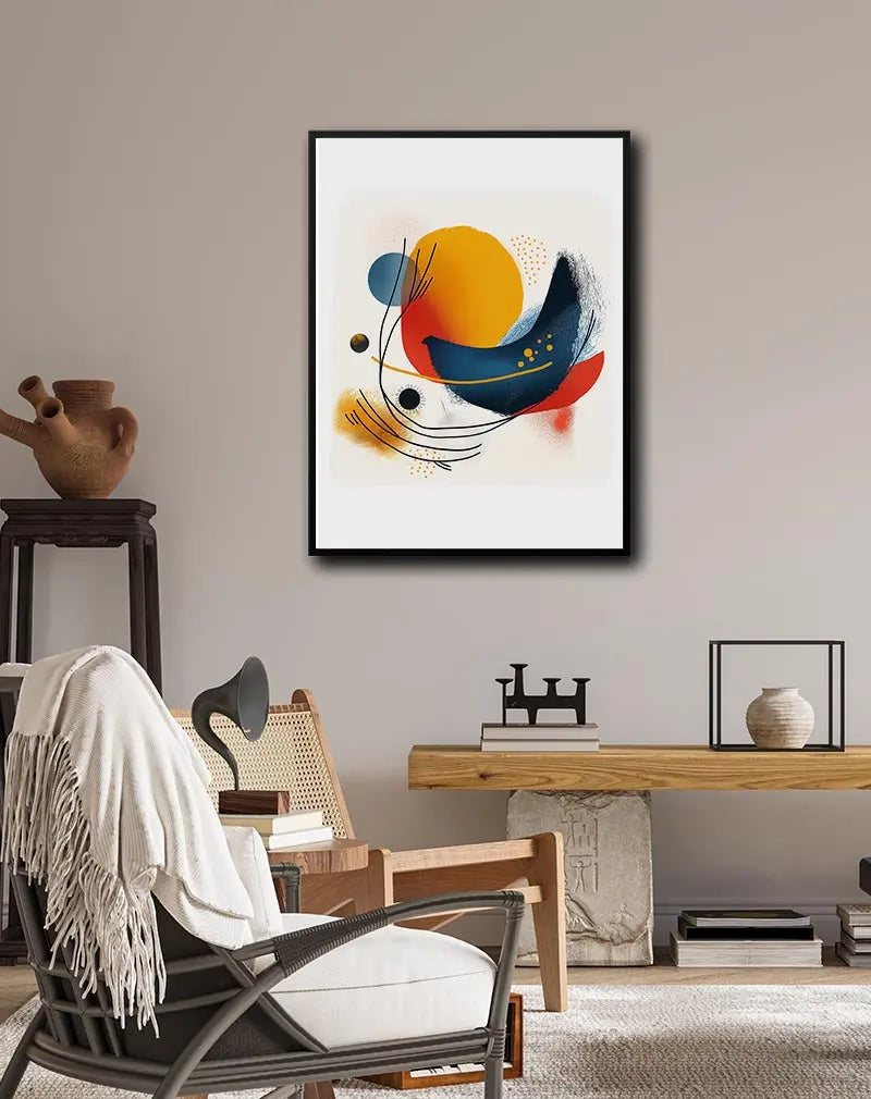 A vibrant abstract illustration featuring bold geometric shapes in navy, orange, and red tones. Perfect wall art for adding a modern and dynamic touch to your living space