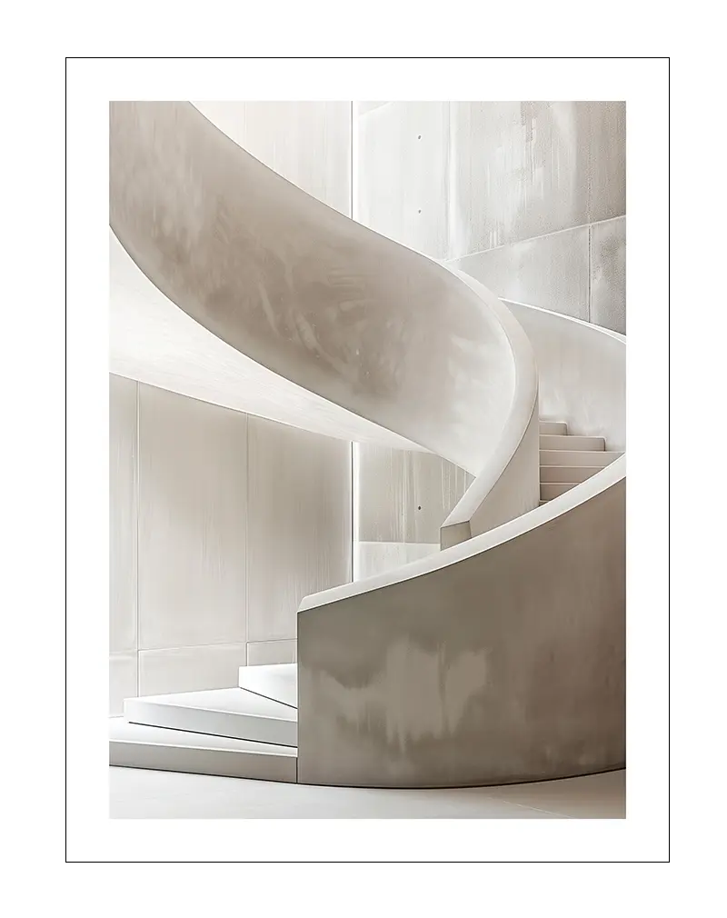 A minimalist illustration of a spiral staircase with smooth, elegant curves in neutral tones. Perfect wall art for adding a modern and sophisticated architectural touch to any interior space