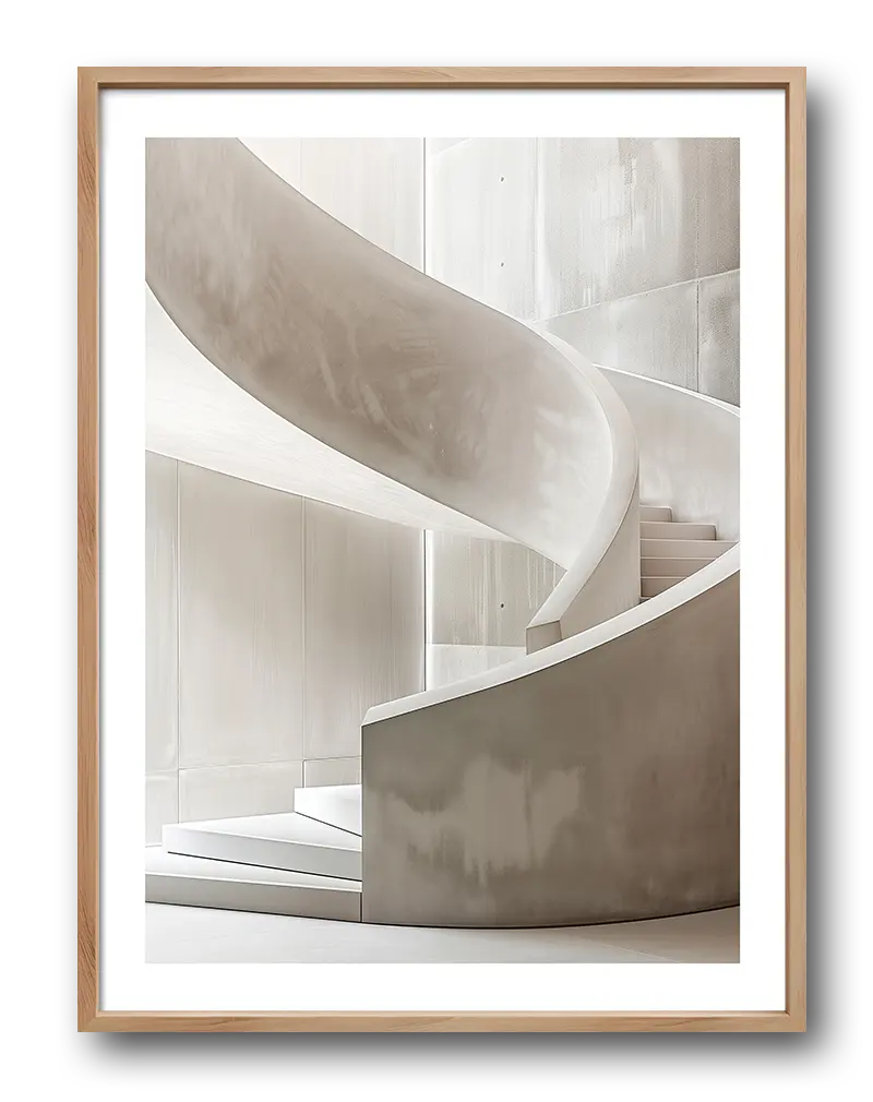 A minimalist illustration of a spiral staircase with smooth, elegant curves in neutral tones. Perfect wall art for adding a modern and sophisticated architectural touch to any interior space