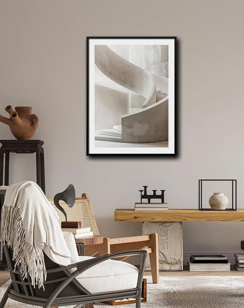 A minimalist illustration of a spiral staircase with smooth, elegant curves in neutral tones. Perfect wall art for adding a modern and sophisticated architectural touch to any interior space