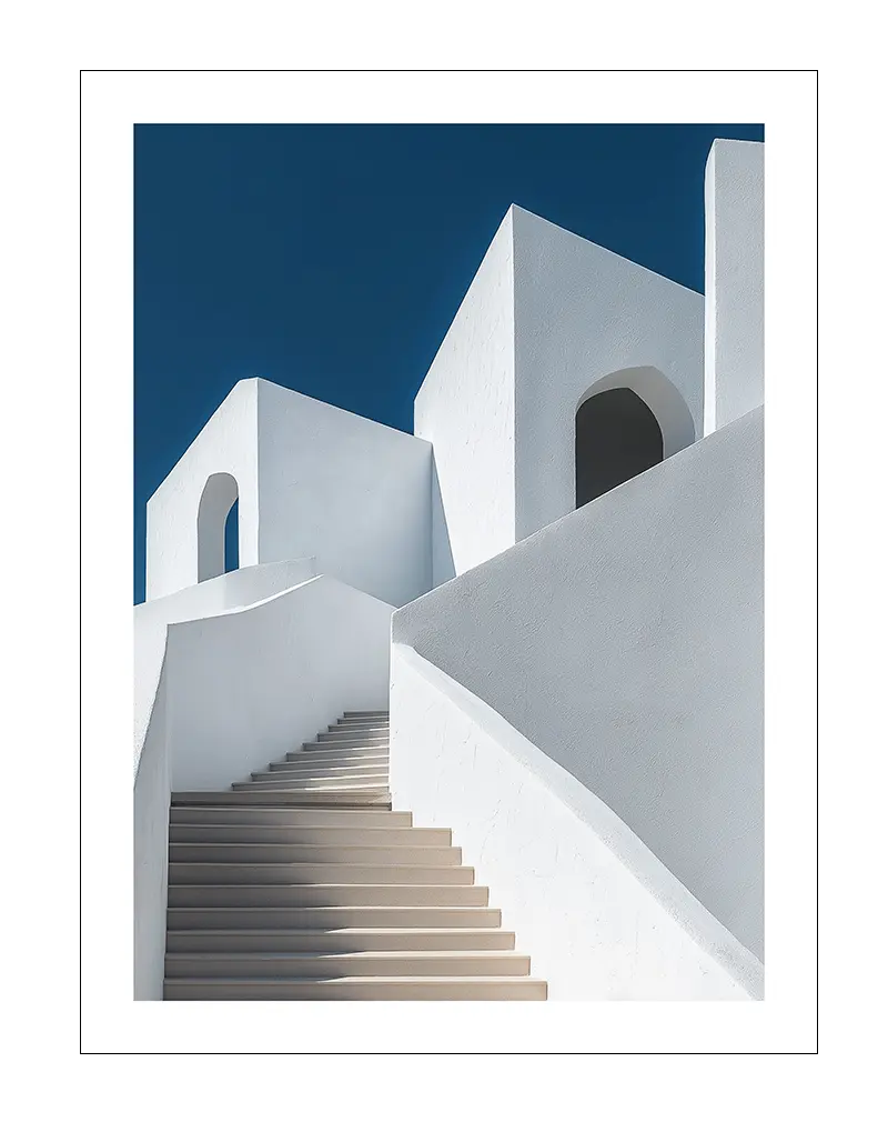 A modern poster showcasing white architectural structures with a minimalist staircase against a deep blue sky.